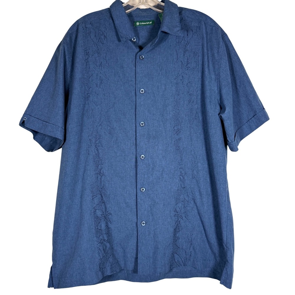 Cubavera Mens Blue Embroidered Guayabera Short Sleeve Button Down Shirt Large